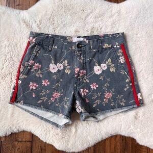 Sundry Floral Print Red Strip Raw Hem Cotton Shorts Womens Size 24